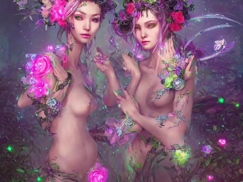 Image similar to one beautiful cyber fairy in a cyberpunk garden, body covers with neon flowers, elegant pose, realistic digital painting, artgerm, sakimichan, huang guangjian