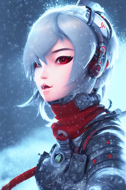Prompt: portrait of video game momiji ninja girl, metalic frost cyber ninja respirator, stormy snowy fiji mountain, armored, highly detailed, digital painting, face detail, sharp focus, art, illustrations by loish and ayanamikodon and irakli nadar and rossdraws and wlop