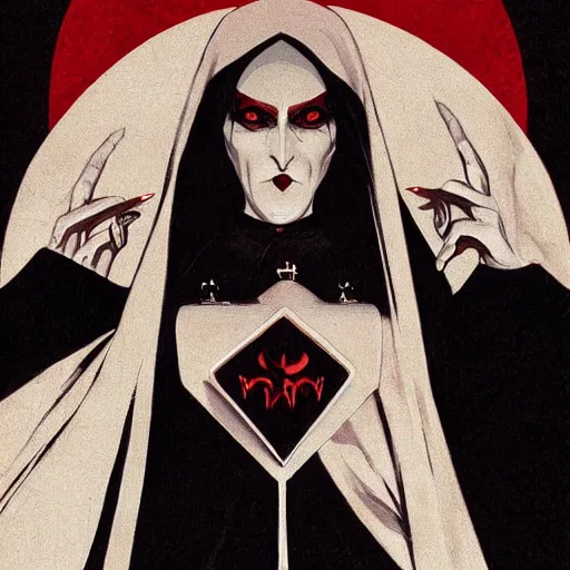 Prompt: scary female vampire nun, symmetrical face, evil grin, nun outfit, portrait size, cinematic, dramatic, super detailed and intricate, by koson ohara, by darwyn cooke, by greg rutkowski, by satoshi kon