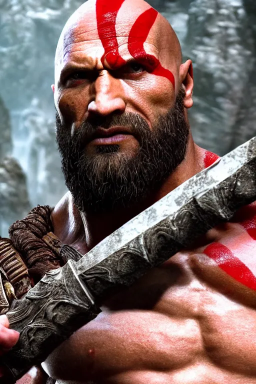 Image similar to film still from god of war, a highly detailed beautiful closeup photo of dwayne johnson kratos holding a sword and fighting zombies on a pile of human skulls, spartan warrior, olympian god, muscular!,, action pose, ambient lighting, volumetric lighting, octane, fantasy