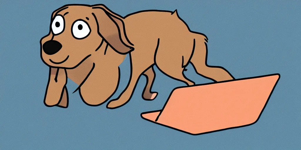 Prompt: cartoon illustration of a dog with its hind leg raised over a laptop computer