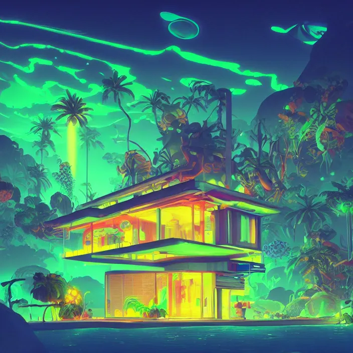 Image similar to a bioluminescent neon tropical cottage by paolo eleuteri serpieri and tomer hanuka and chesley bonestell and daniel merriam and tomokazu matsuyama, unreal engine, high resolution render, featured on artstation, octane, 8 k, highly intricate details, vivid colors, vector illustration