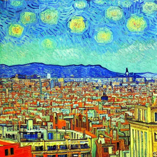 Prompt: barcelona skyline painted by van gogh