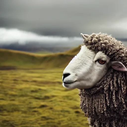 Image similar to portrait photo of a sheep wearing a sweater, iceland, grey sky, green hills, taken by Nikon, movie still,