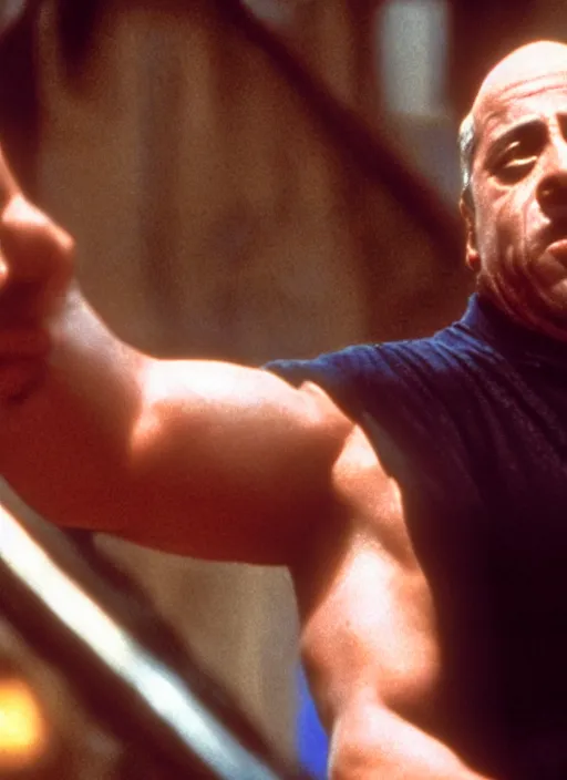 Image similar to film still of Danny DeVito as John McClane in Die Hard, 4k