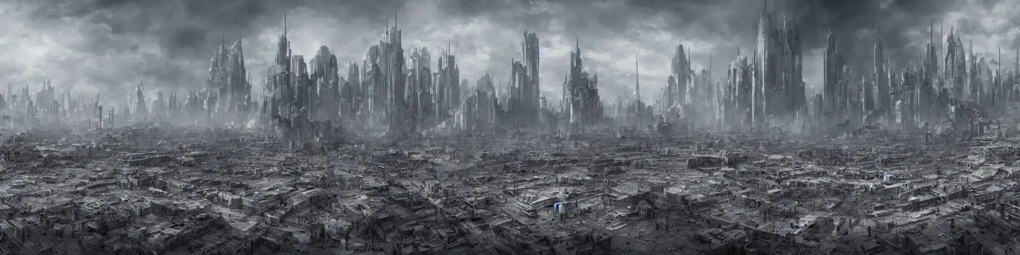 Prompt: panoramic photo of dystopian city right before the bombs hit, matte painting, greyscale, 4 k, concept art