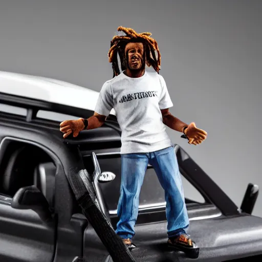 Image similar to black man action figure with dreads standing on top of a black rc pickup truck, close up photograph, white background