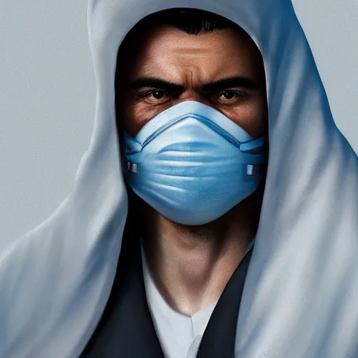 Image similar to a highly detailed, portrait of a man with black hair with a black medical mask, in a hood in the form of a blue shark with white teeth, artstation, DeviantArt, professional, octane render, digital art