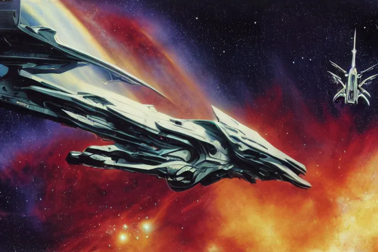 Image similar to gnostic space nebula with debris by raymond swanland, framing a pteranodon battlecruiser, with white kanji insignias, sleek, white john berkey panels, wine red trim, Ralph mcquarrie insets. spines and towers, rows of windows lit internally, sensor array, blazing engines, robotech styling, boeing concept art, cinematic lighting by liam wong