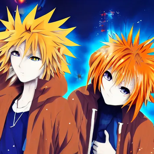 Image similar to orange - haired anime boy, 1 7 - year - old anime boy with wild spiky hair, wearing blue jacket, holding magical technological card, futuristic effects, fractal card, magic card, in front of ramen shop, strong lighting, strong shadows, vivid hues, raytracing, sharp details, subsurface scattering, intricate details, hd anime, 2 0 1 9 anime