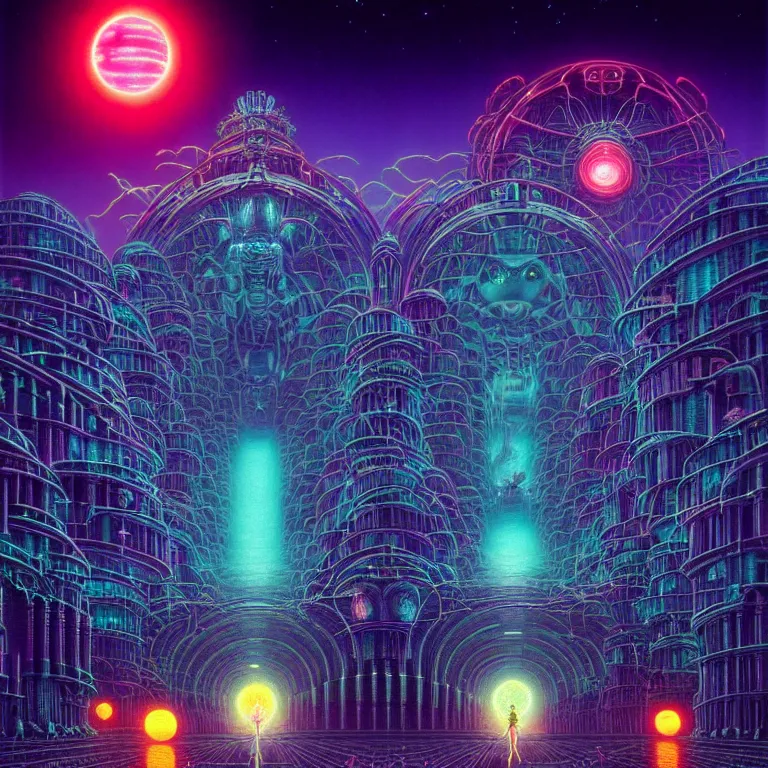 Image similar to mysterious astral city at night, glowing orbs, infinite sky, synthwave, bright neon colors, highly detailed, cinematic, tim white, philippe druillet, roger dean, ernst haeckel, lisa frank, michael whelan, kubrick, kimura, isono