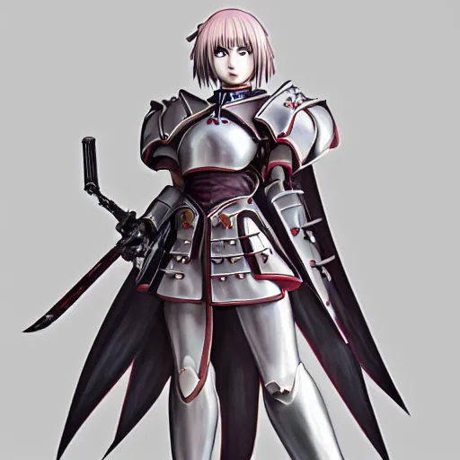 Image similar to Sakura Matou as a sister of battle from 40k, realistic shaded, Ilya Kuvshinov, Rob Rey, Giuseppe Dangelico Pino, Kentaro Miura. Anime. Fine details face. Fine details armor.