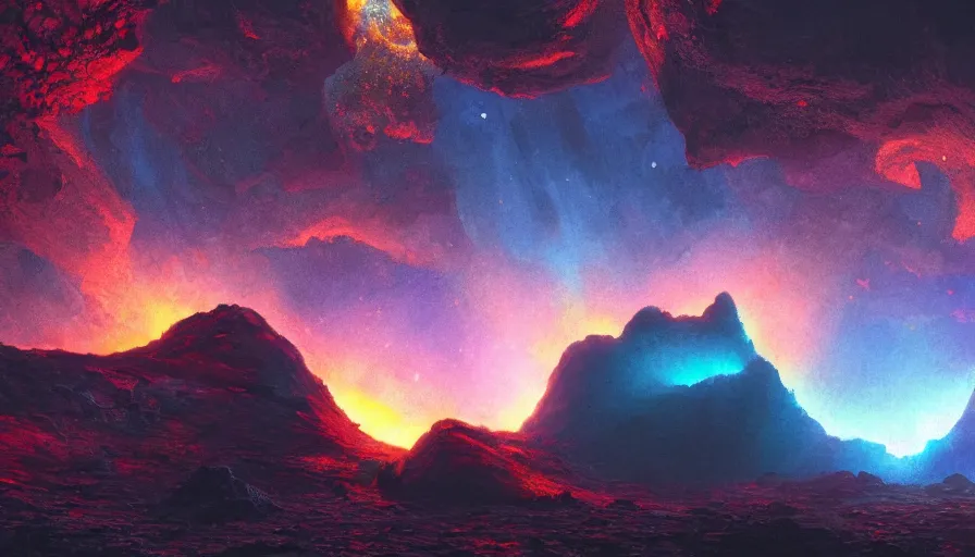 Image similar to A highly detailed digital art painting of a volcanic crystalline chasm at night, filled with glowing lava, shimmering starry nebula sky by Studio Ghibli, Makoto Shinkai, by Artgerm, by beeple, volumetric lighting, octane render, 4K resolution, trending on artstation, masterpiece, vivid colours