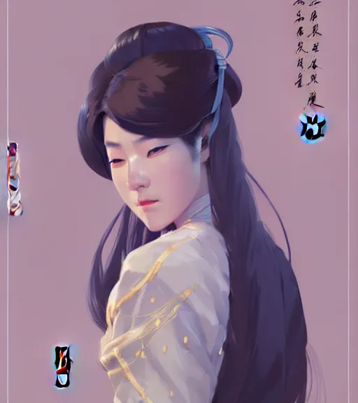 Image similar to portrait of a chinese female immortal in amazing chinese dress 汉 服 by atey ghailan, by greg rutkowski, by greg tocchini, by james gilleard, by joe fenton, by kaethe butcher, dynamic lighting, gradient light blue, brown, blonde cream and white color scheme, grunge aesthetic