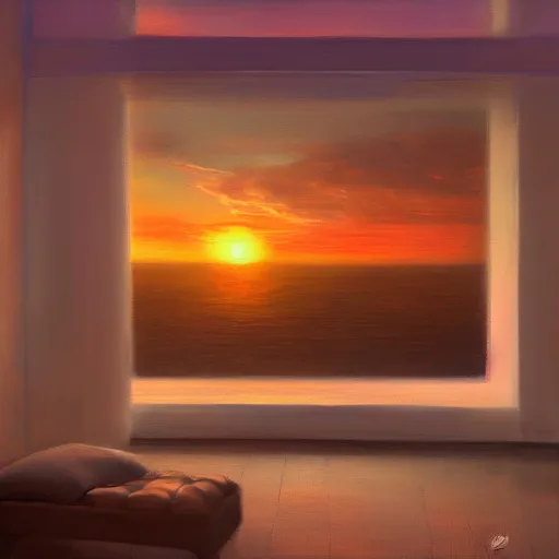 Prompt: a y 2 k room, sunset, oil painting, pale colors, high detail, 8 k, wide angle, trending on artstation,