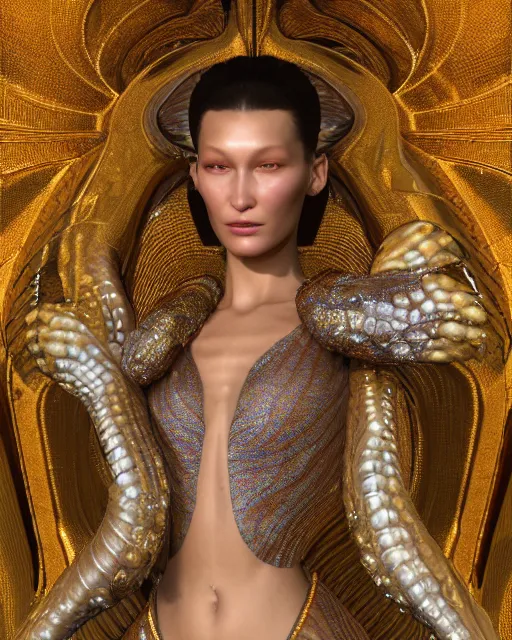 Prompt: a highly detailed metahuman 4 k close up render of an alien goddess bella hadid as alex grey art in iris van herpen dress schiaparelli in diamonds crystals swarovski and jewelry iridescent in style of alphonse mucha gustav klimt trending on artstation made in unreal engine 4