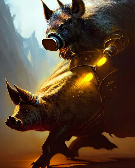 Image similar to Boar Mercenary holding gold bag, medium shot, fear, D&D, artstation, fantasy, magic the gathering artwork, cinematic lighting, centered, symmetrical, highly detailed, digital painting, , concept art, smooth, sharp focus, illustration, volumetric lighting, epic Composition, 8k, art by Akihiko Yoshida and Greg Rutkowski and Craig Mullins, oil painting, cgsociety