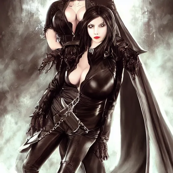 Image similar to A female vampire with generous cleavage in a leather pants, with a black leather jacket, big fangs dropping blood, devil wings , D&D , fantasy , highly detailed, digital art, artstation, smooth, sharp focus, fantasy illustration, art by Peter Tang and artgem and Alina Ivanchenko and Hirokazu Yokohara and Kago Shintaro