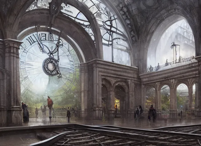 Image similar to A train subway inside a beautiful elven city made of white marble, anime, lush trees, fountain, statue, big clock, information desk, trains, train tracks, a fantasy digital painting by Greg Rutkowski and James Gurney, trending on Artstation, highly detailed