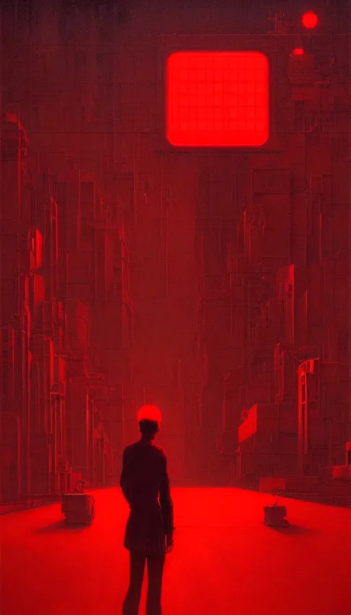 Prompt: only with red, a giant weird industrial zone with strange lights in the background, in the style of beksinski, by edward hopper and rodcenko and yue minjun and cory loftis, intricate and epic composition, red by caravaggio, highly detailed, masterpiece, red light, artstation, art nouveau