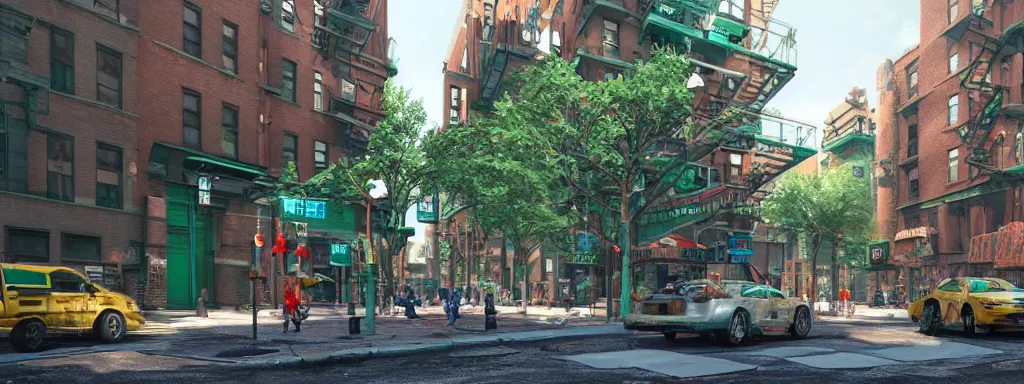 Image similar to realistic new york city street brooklyn, with large 3 d green pipes from super mario scattered on the buildings and on the street, sunny day, concept art on artstation, hyperdetailed, vray render, octane render,