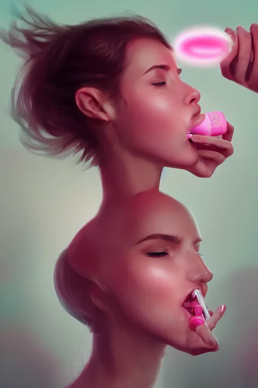 Prompt: Beautiful, Cute Woman Breathing Through a Handheld Pink Vapor Inhaler in her Mouth, side view, fantasy, magic, ultra detailed, digital art, trending on artstation, illustration