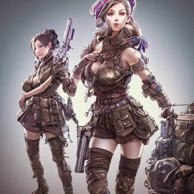 Image similar to the portrait of lawful neutral semi - colorful female infantry gunner as absurdly beautiful, gorgeous, elegant, young gravure idol, an ultrafine hyperdetailed illustration by kim jung gi, irakli nadar, intricate linework, bright colors, octopath traveler, final fantasy, unreal engine 5 highly rendered, global illumination, radiant light, detailed and intricate environment