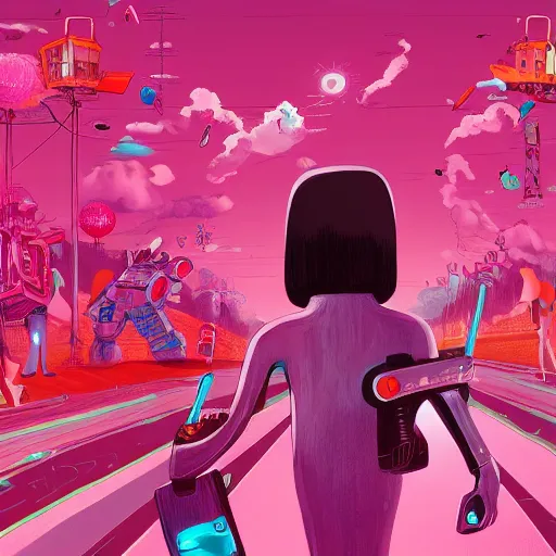 Image similar to a woman named yoshimi battles the pink robots, illustrated, detailed, 4 k