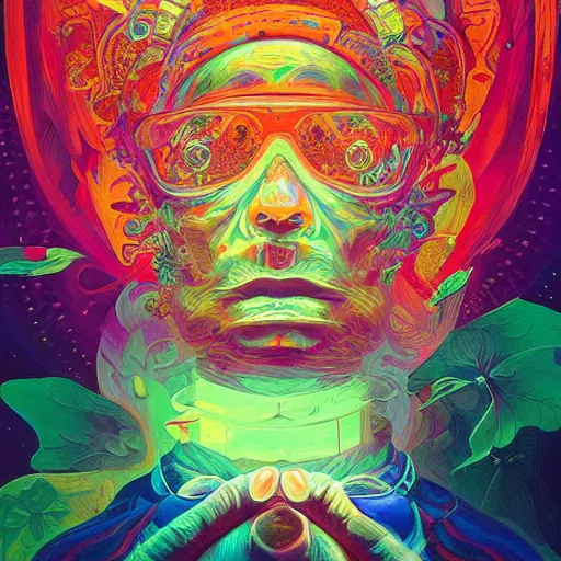 Image similar to An extremely psychedelic experience, colorful, surreal, dramatic lighting, cosmonaut, LSD, face, detailed, intricate, elegant, highly detailed, digital painting, artstation, concept art, smooth, sharp focus, illustration, art by Sam Spratt, Dan Mumford, Artem Demura and Alphonse Mucha