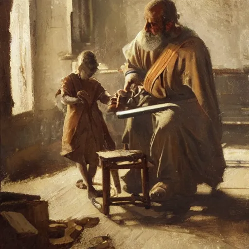 Image similar to St. Joseph using a saw to cut wood with a small child seated on a stool beside him, ancient worn robes, by Jeremy Mann, stylized, detailed, realistic, loose brush strokes, simple, wholesome, earthy tones, touch of gold leaf