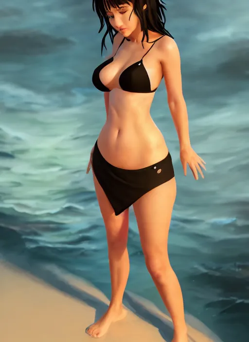 Prompt: bella poarch, sunset, wearing a black bikini top and a short white wet skirt, hyper detailed, digital art, trending in artstation, cinematic lighting, studio quality, smooth render, frostbite 3 engine rendered, art style by klimt and nixeu and ian sprigger and wlop and krenz cushart