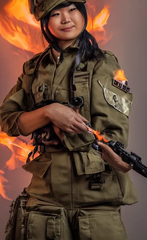 Prompt: portrait photo of a female and asian tank commander, highly detailed, smoke and flames in the background, high resolution, cosplay photo, stunning, girls frontline style, bokeh soft, shot on 90mm, zenithal lightning, trending on instagram, by award winning photographer, realistic human anatomy, real human faces, realistic military carrier, soldier clothing, modern warfare, she is shouting and pointing to front, shot with a professional camera, low saturation, soldier clothing