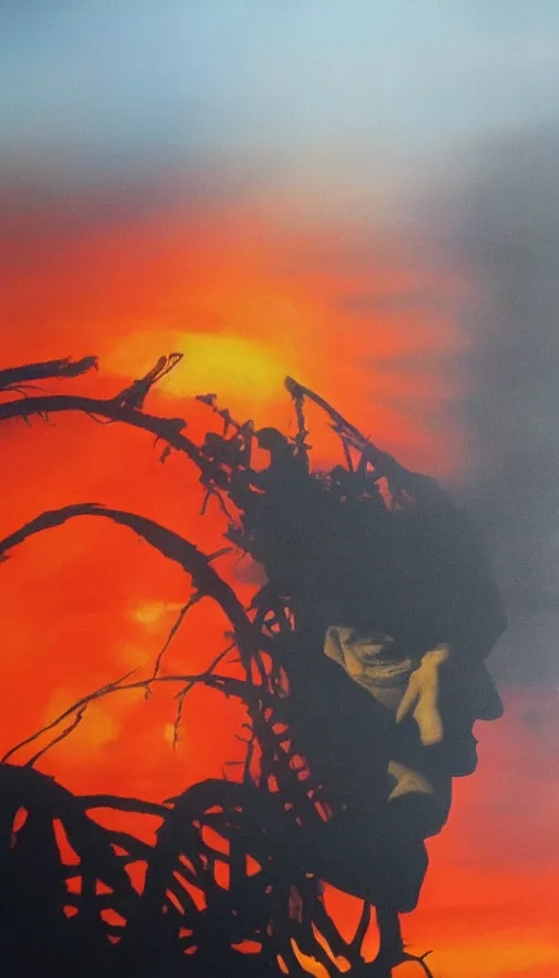 Prompt: donald trump's face close up on the apocalypse now poster, red sunset, snake river in the jungle, air brush, oil paint