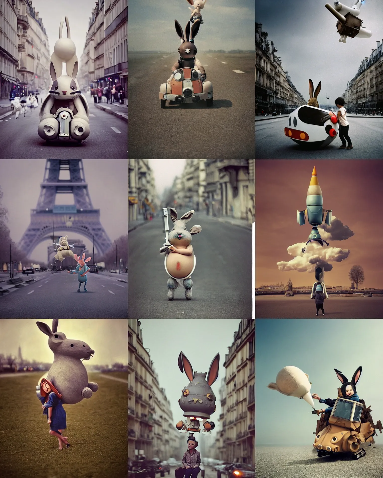 Prompt: epic pose!!! Whimsical giant oversized rocket battle rabbit robot chubby mech baby train with giant oversized ears and rabbit , in paris , full body , Cinematic focus, Polaroid photo, vintage , neutral dull colors, soft lights, foggy sunset , by oleg oprisco , by national archives, by discovery channel, by victor enrich , by gregory crewdson