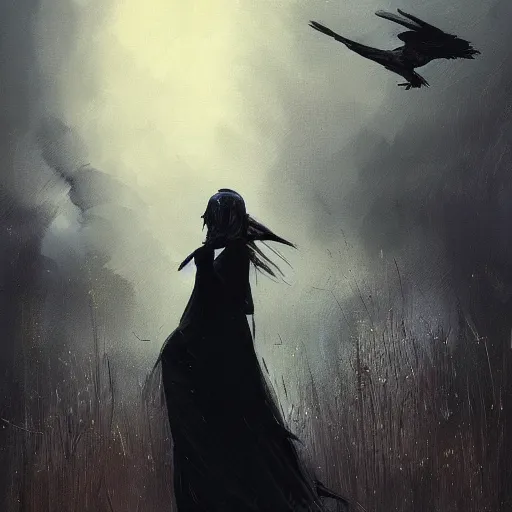 Image similar to morning, a woman in a black dress with a raven head. no face. sun, cinematic, clouds, vogue cover style, contracting colors mood, realistic painting, intricate oil painting, high detail, figurative art, poster art, by simon bisley, ismail inceoglu, wadim kashin, filip hodas. pixar theme.