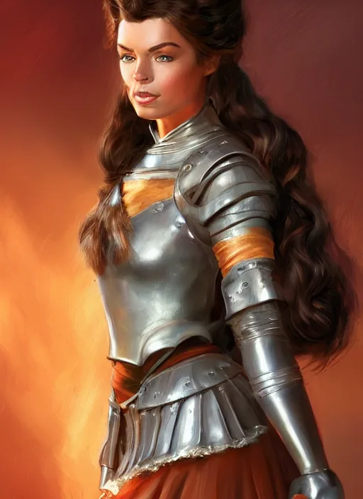 Image similar to beautiful female dorothy gale, rebecca romijn as dorothy, full body character concept, full leather armor, super powers, fantasy, intricate, elegant, highly detailed, digital painting, artstation, concept art, shining, sharp focus, illustration, art by stanley lau