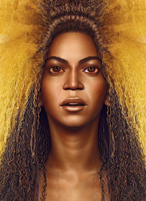 Image similar to beyonce, au naturel, hyper detailed, digital art, trending in artstation, cinematic lighting, studio quality, smooth render, fluorescent skin, unreal engine 5 rendered, octane rendered, art style by klimt and nixeu and ian sprigger and wlop and krenz cushart