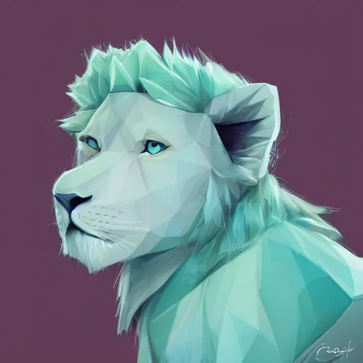 Prompt: aesthetic portrait commission of a albino male furry anthro low-poly lion wearing a cute mint colored cozy soft pastel winter outfit, winter Atmosphere. Character design by charlie bowater, ross tran, artgerm, and makoto shinkai, detailed, inked, western comic book art, 2021 award winning painting