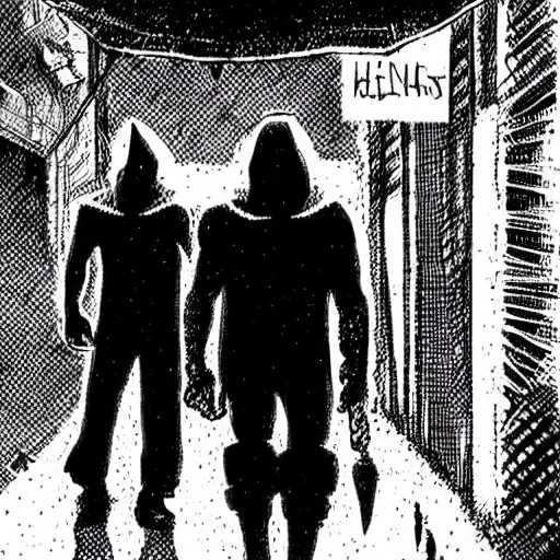 Image similar to masked wrestlers walking in a rainy alley, art by tomm coker and john paul leon, dramatic shadows