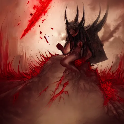Prompt: the fall of a super mad and with extrem anger filled demon girl in hell, oppressive and dark amotsphere with many shadows, blood and dark red highlights, concept art by aleksandra waliszewska