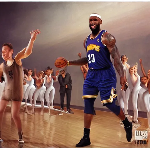 Prompt: paparazzi photo of Lebron James wearing ballet clothes, ultra high definition, professional photography, dynamic shot, smiling, high angle view, portrait, Cinematic focus, Polaroid photo, vintage, neutral colors, soft lights, foggy, by Steve Hanks, by Serov Valentin, by lisa yuskavage, by Andrei Tarkovsky 8k render, detailed, oil on canvas