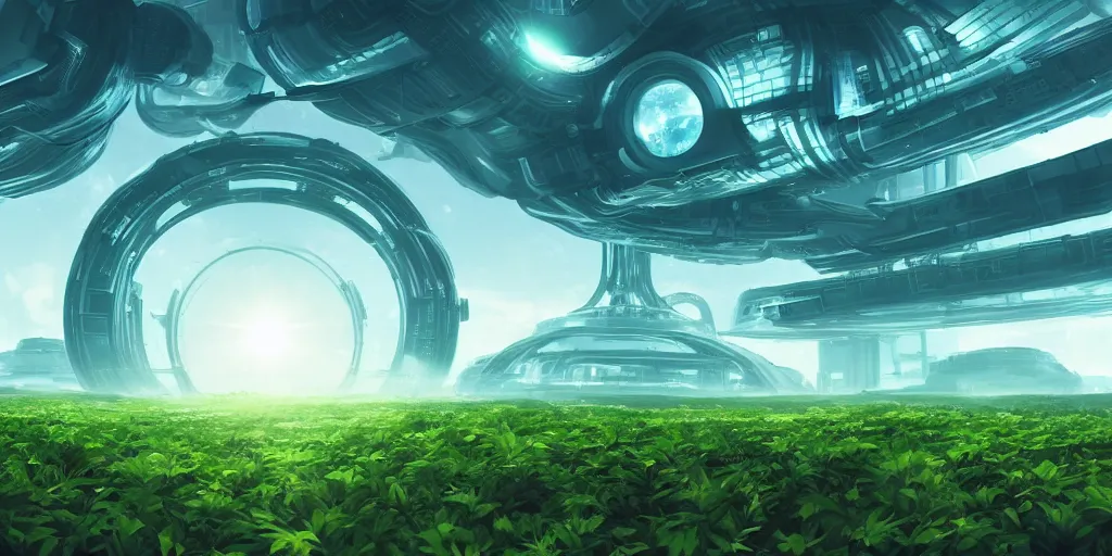 Prompt: beautiful scifi power plant, limitless energy inside, white city far away, blue sky, alien round shape, green plants, futuristic, magical feeling, detailed, digital art