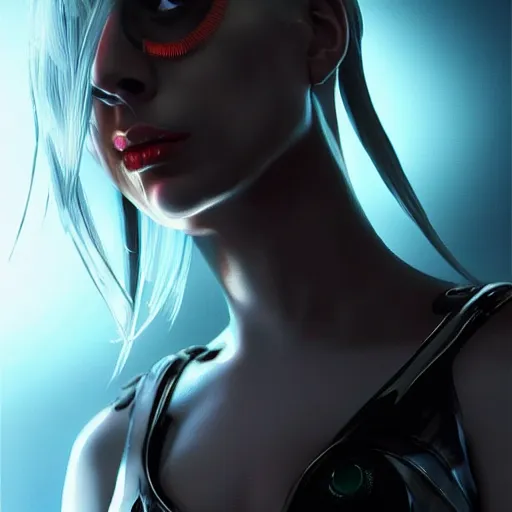 Prompt: lady gaga is an android with red eyes, cybernetic, artstation, by greg rutkowski, realistic, 4k, octane render,