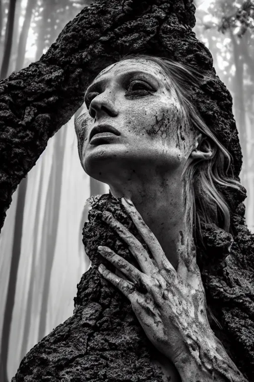 Image similar to beautiful stone woman, lava flowing, exotic trees, bare bark, dark eyes, low angle mist, high octane, frostbite, 8 k, cinematic, 3 5 mm