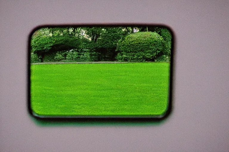 Prompt: film color photography, long view of small square mirror lies at the green lawn, no focus, 35mm