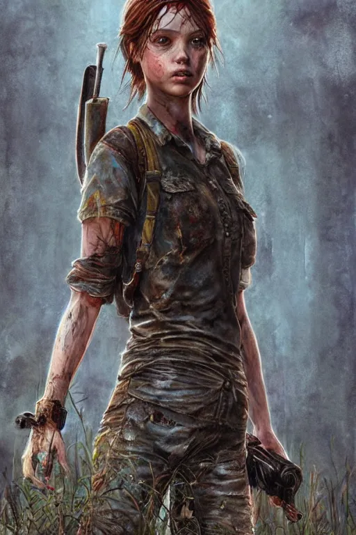 Image similar to bella ramsey as ellie in the last of us, dirt, fashion, fantasy, art by ayami kojima, vasnetsov, cedric peyravernay