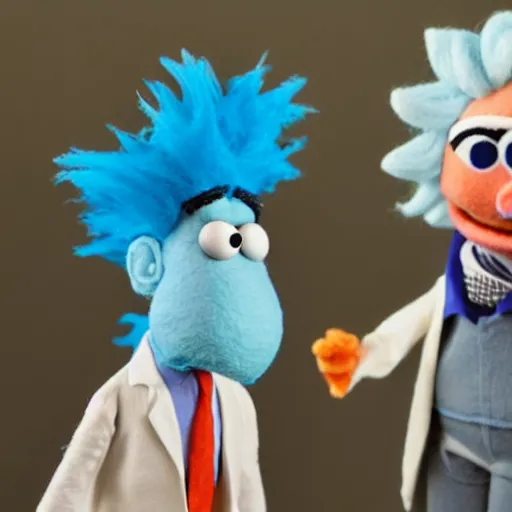 Image similar to rick sanchez as a muppet with peach skin, blue hair wearing a white lab coat. highly detailed felt. hyper real photo. 4 k.