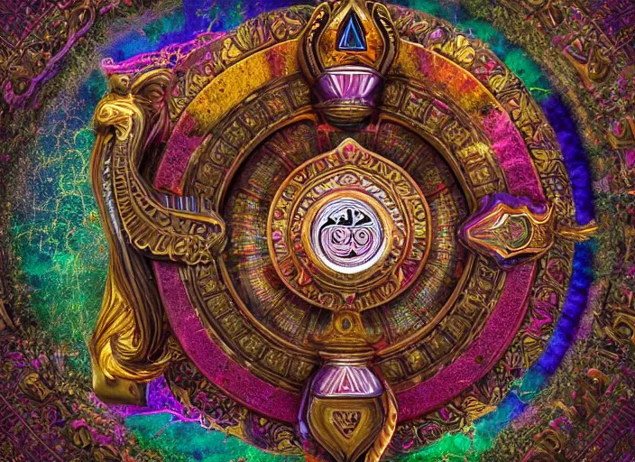 Image similar to hyperrealism, detailed textures, photorealistic 3 d render, a mystical wizard wearing a beautifully coloured tibetan kalachakra crystal mandala with sanskrit writing, sharp focus, ultra realistic, ultra high pixel detail, cinematic, intricate, cinematic light, concept art, illustration, art station, unreal engine 8 k