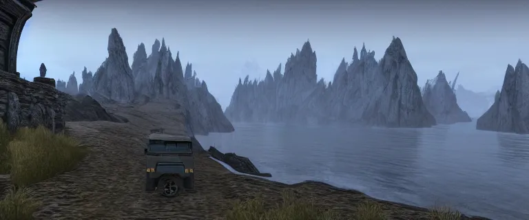 Image similar to Land Rover Defender 110 (1985), The Elder Scrolls V: Skyrim, Solitude seen in the distance, Blue Palace is seen in the distance, Haafingar Hold, an epic fantasy, the sea seen behind the city, dramatic lighting, cinematic, establishing shot, extremely high detail, photorealistic, cinematic lighting, artstation, by simon stalenhag