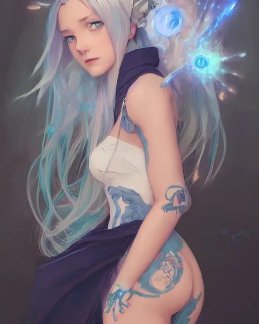 Image similar to pretty girl with a dragon back tattoo, light blue hair, rem rezero, laser lights, sharp focus, digital painting, 8 k, concept art, art by wlop, artgerm, greg rutkowski and alphonse mucha